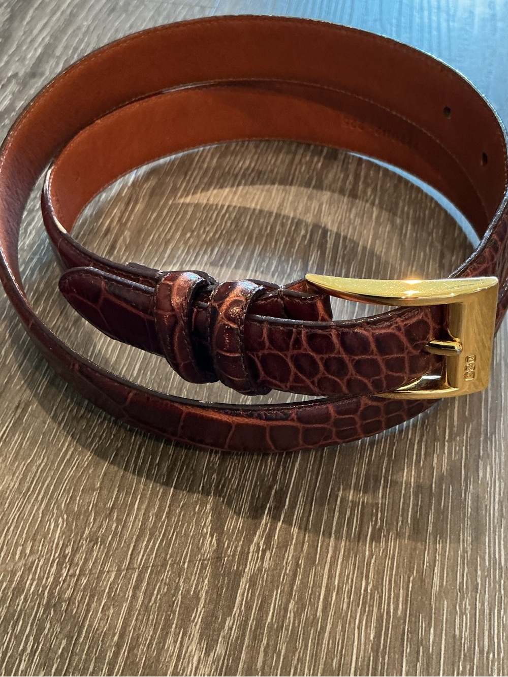 Ralph Lauren Brown Croc-Embossed Leather Belt with Gold Buckle